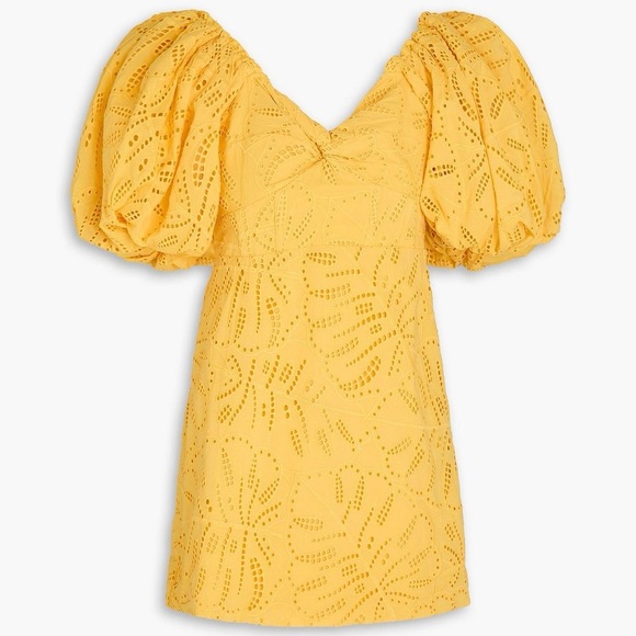 Farm Rio Monstera Yellow Eyelet Puff Sleeve Mini Dress - Picture 11 of 12